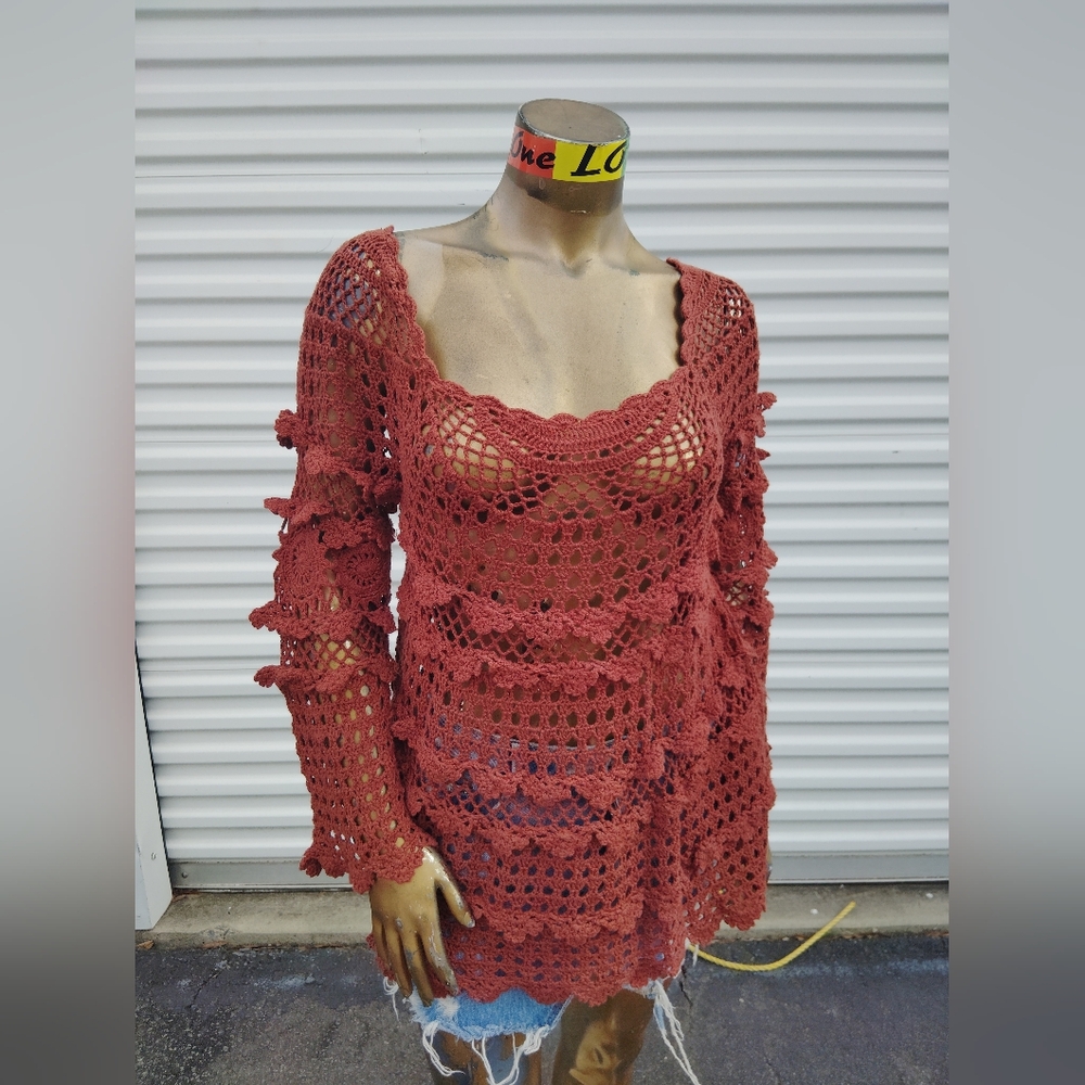 Elegant Rust Crochet Swim Cover-Up